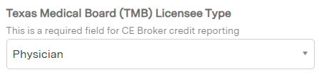 Texas Medical Board (TMB) licensee type field
