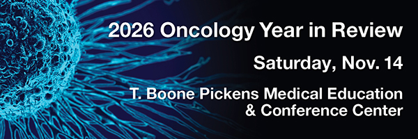 Promotional banner for the 2026 Oncology Year in Review. A blue-toned microscopic image of cancer cells and branching cellular structures appears on the left against a dark background. White text on the right reads: “2026 Oncology Year in Review,” “Saturday, Nov. 4,” and “T. Boone Pickens Medical Education & Conference Center.”