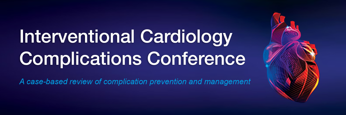 Banner for the Interventional Cardiology Complications Conference. Large white text appears on a dark blue gradient background, with a subtitle reading,  A case-based review of complication prevention and management  in light blue italic text. On the right side, a colorful stylized 3D illustration of a human heart is displayed in shades of red, orange, blue, and purple.