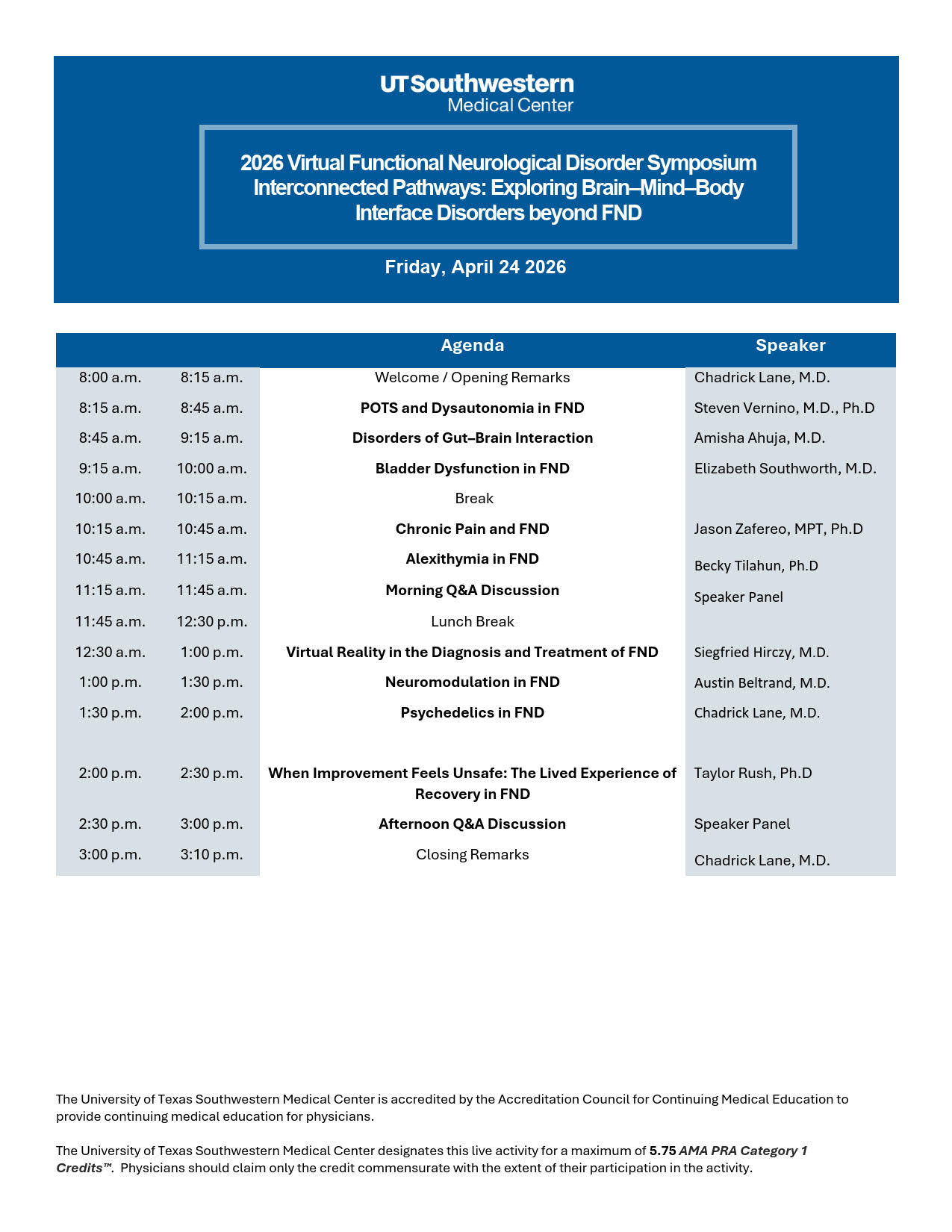 2026 Functional Neurological Disorder Virtual Symposium agenda image. download pdf file for agenda details