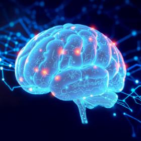 A glowing digital illustration of a human brain shown in blue, with bright red points of neural activity and interconnected network lines surrounding it, evoking themes of artificial intelligence, data flow, and neural networks.