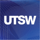 UTSW logo displayed in white text on a blue square background with abstract curved line patterns. The design features the letters “UTSW” prominently centered, with thin white wave-like lines creating a textured, modern backdrop.