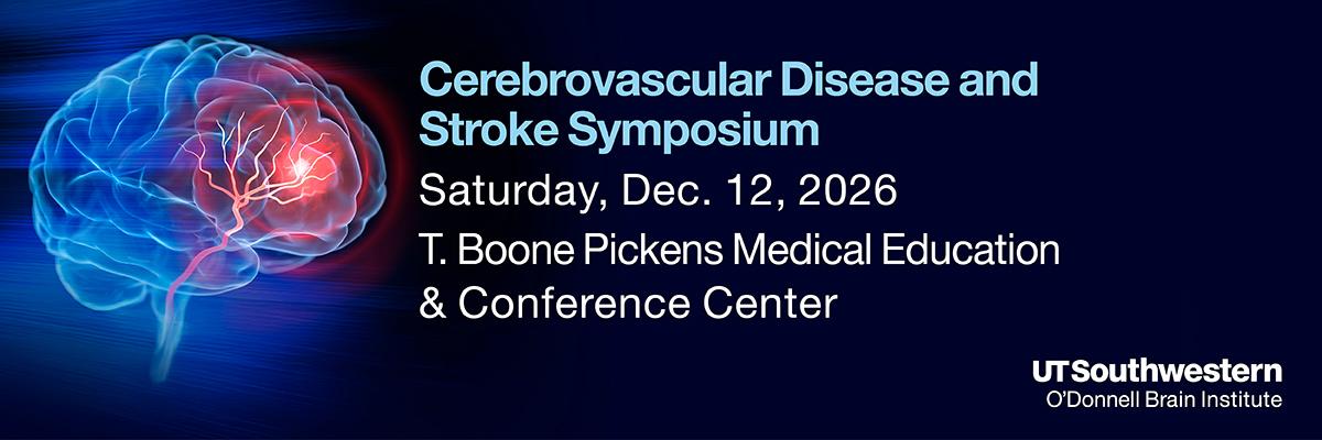 Slideshow banner for the “Cerebrovascular Disease and Stroke Symposium.” A medical illustration of a human brain appears on the left, with blood vessels highlighted in bright red and white against blue brain tissue, suggesting a stroke or cerebrovascular condition. The background features dark blue gradients and motion-like streaks. Text on the right reads: “Cerebrovascular Disease and Stroke Symposium,” “Saturday, Dec. 12, 2026,” and “T. Boone Pickens Medical Education & Conference Center.”